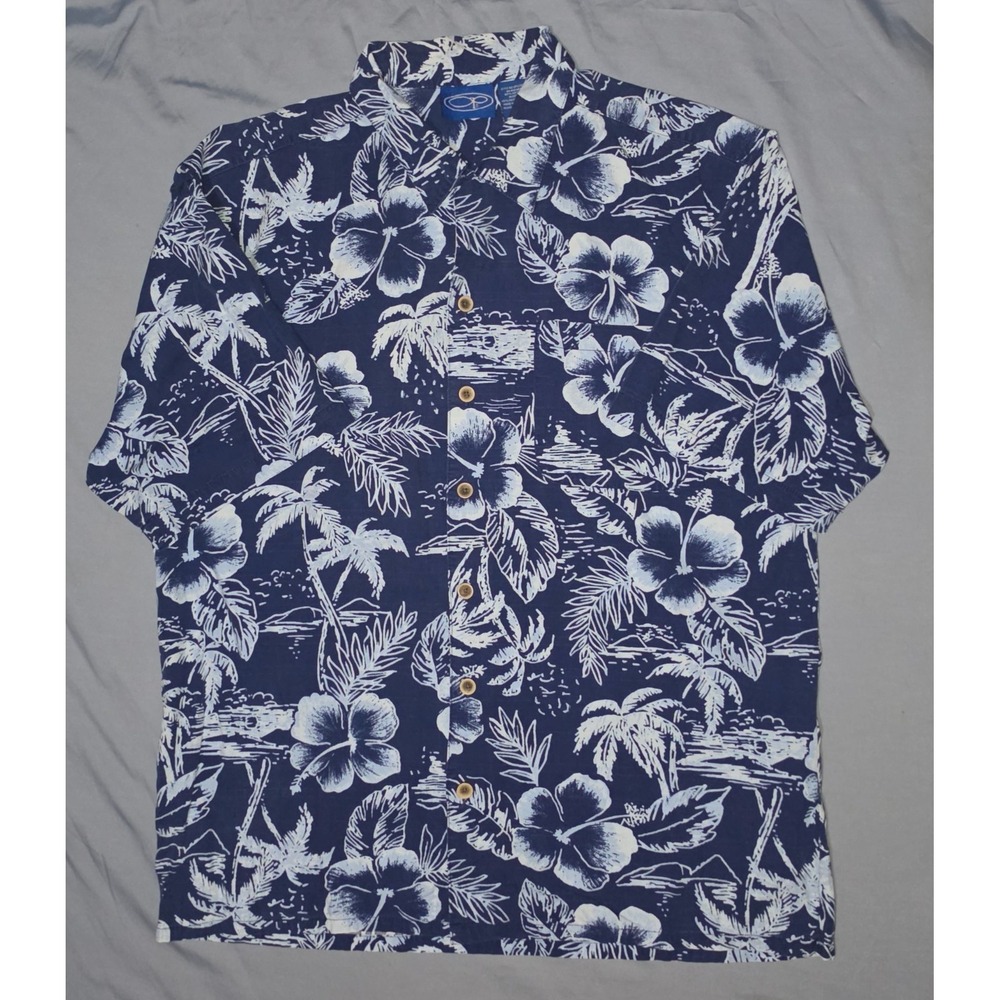 Vintage Ocean Pacific OP Shirt Mens Large Floral Blue Hawaiian Short Sleeve 90s